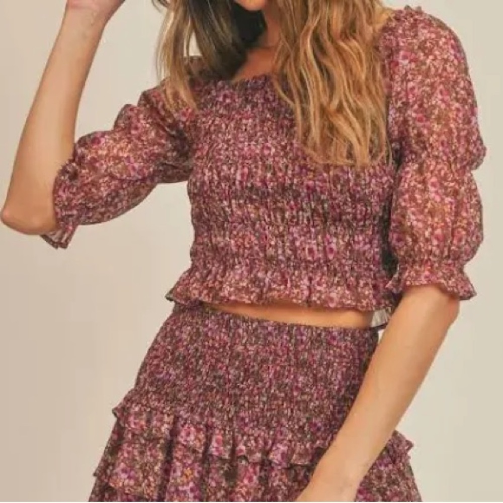 Sadie & Sage Floral Smocked Sheer Crop Top
